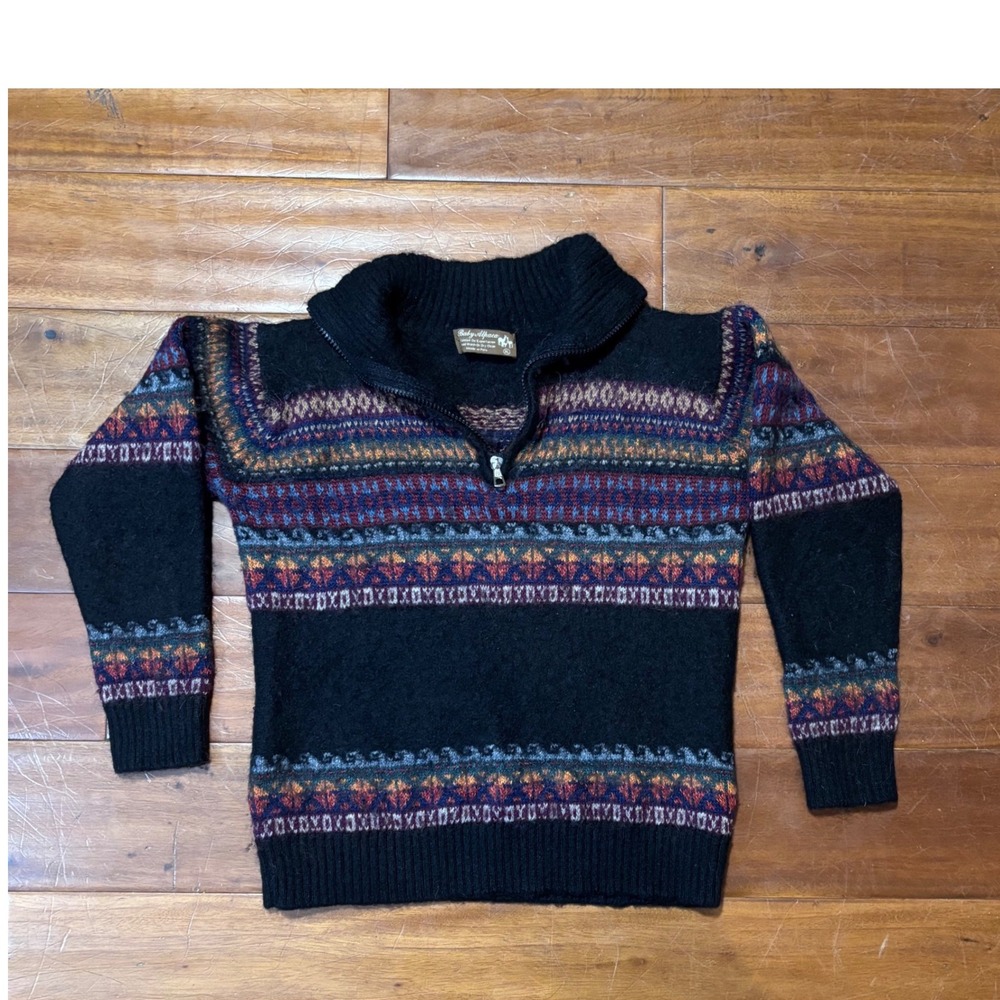 Vintage Fair Aisle Baby Alpaca Wool Quarter‎ Zip Sweater made in Peru|Child XL